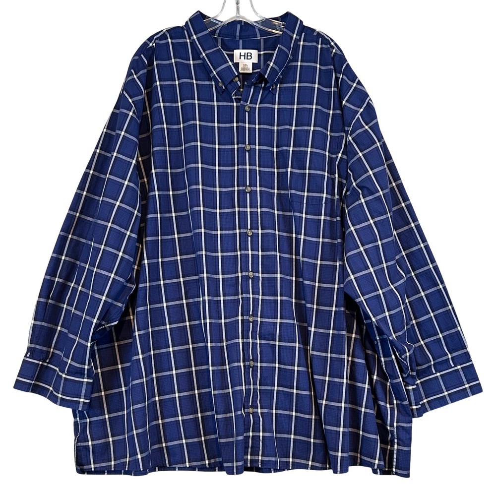 HB Mens 5XL Navy Blue White Windowpane Plaid Button Down Shirt Long Sleeve Prep